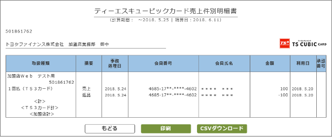 ティーエスキュービックカード売上別明細書の画像