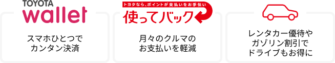 TOYOTA Wallet スマホ一つでカンタン決済 使ってバック 月々のクルマのお支払いを軽減 レンタカー優待やガソリン割引でドライブもお得に