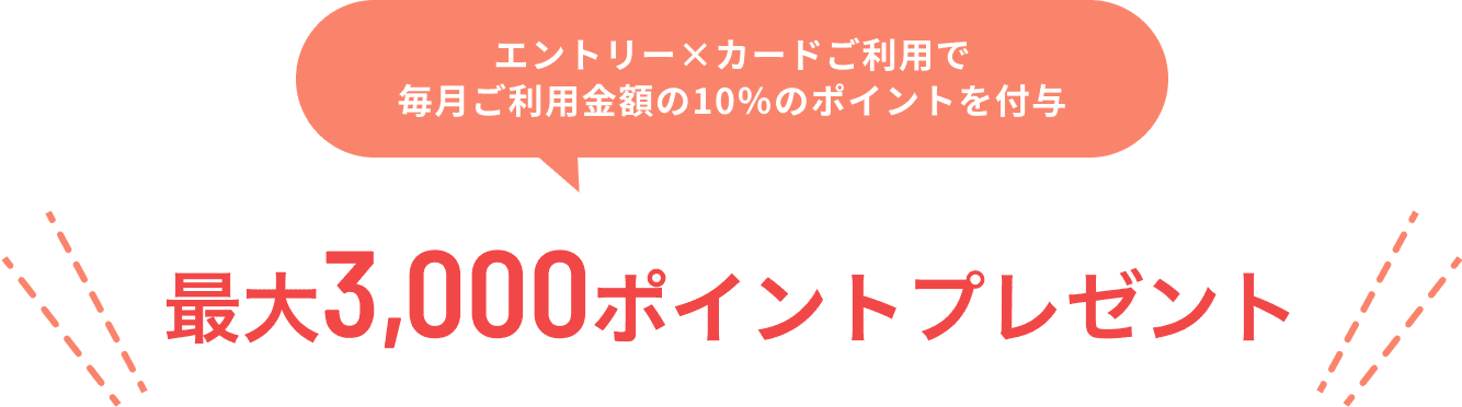 エントリー×カードご利用で毎月ご利用金額の10%のポイントを付与 最大3,000ポイントプレゼント。