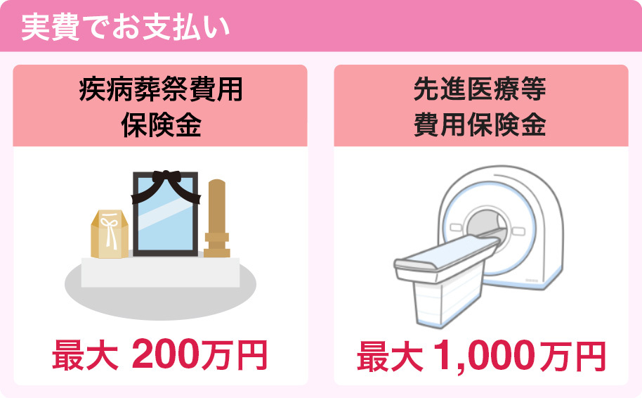 実費でお支払い 疾病葬祭用保険金 最大100万円 先進医療等費用保険金 最大500万円