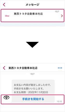 販売店から届いたメッセージを開き、「手続きを開始する」をタップ